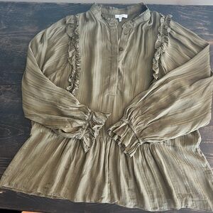 Reiss Olive Green Pleated Ruffled Blouse